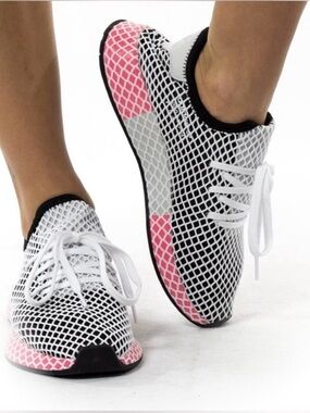 Adidas Deerupt Lightweight Mesh Sneakers in White and Pink with Black accent